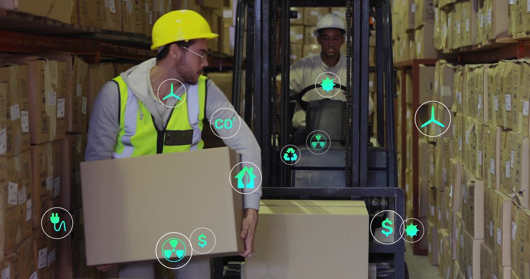 Warehouse staff moving cargo with hard hats